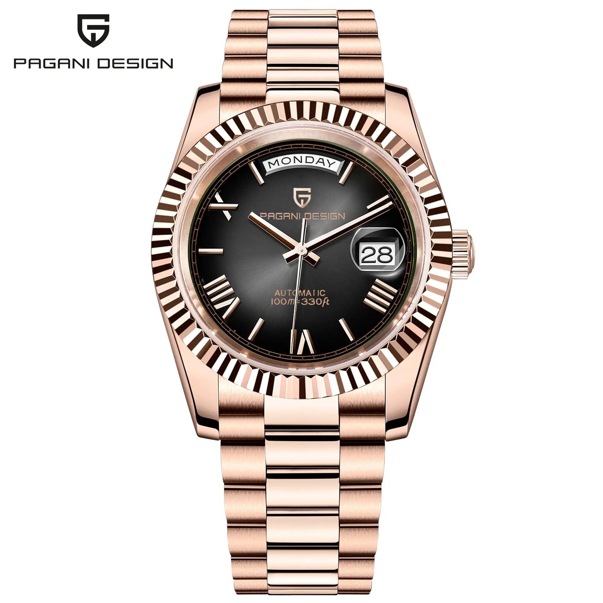 PAGANI DESIGN DD36 rose-gold men's mechanical watch with black dial, day/date window, fluted bezel