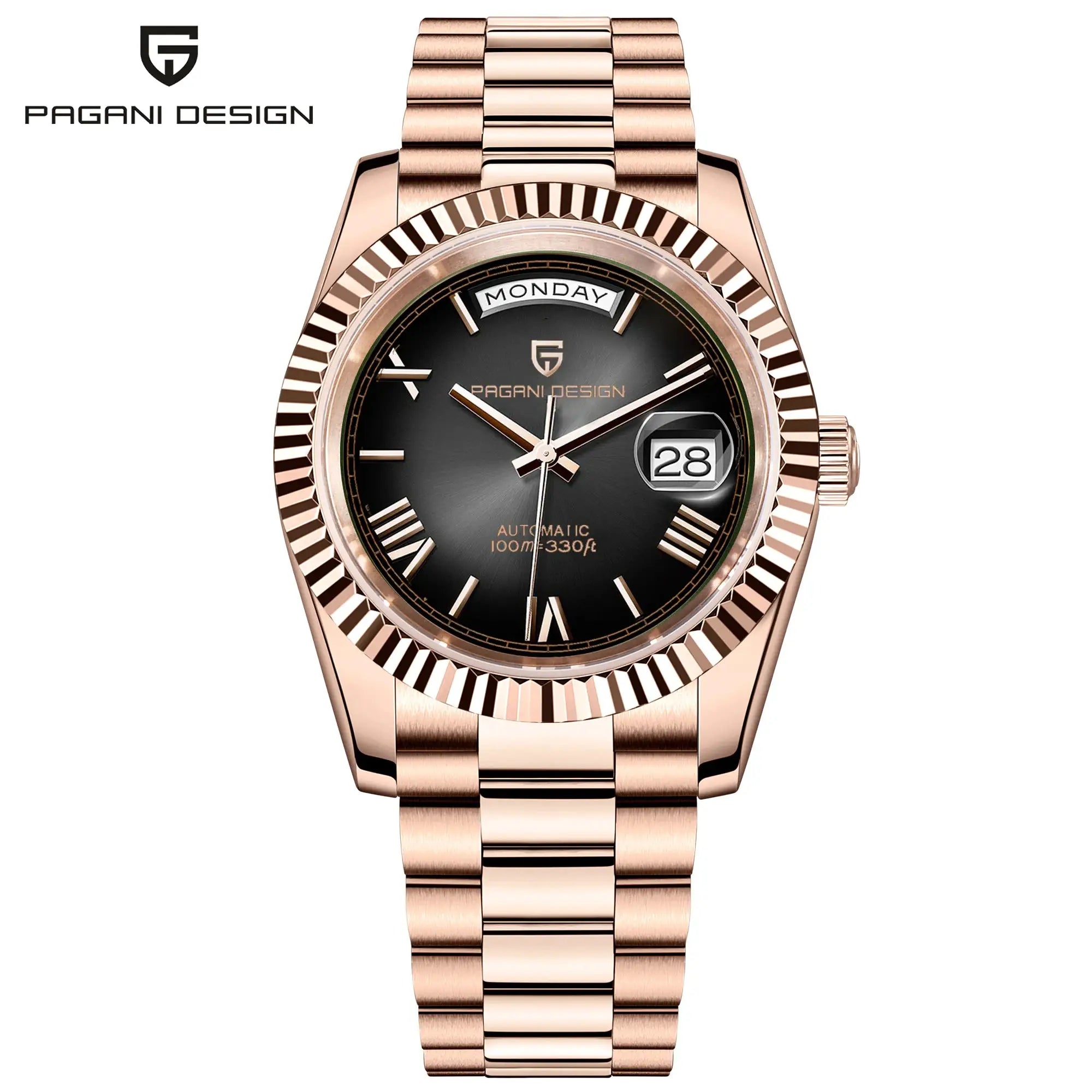 PAGANI DESIGN DD36 rose-gold men's automatic watch with black dial and day-date