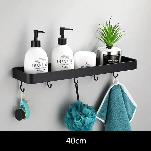 Bathroom shelf wall-mounted, 40 cm, black aluminum by Simples Market with hooks for bottles and towels