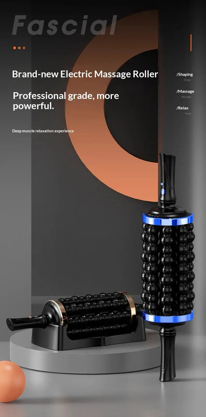 Rechargeable rolling massager with 72 massage points; handheld black beaded roller with blue accents and base.