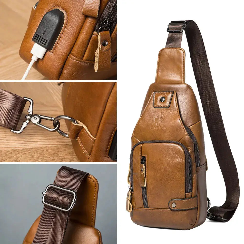 HUMERPAUL men's genuine brown leather USB chest bag by Simples Market, crossbody with multiple pockets.
