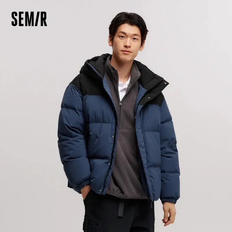 Semir down jacket for men; blue and black puffer with hood, waterproof windproof outerwear, SEM/R logo