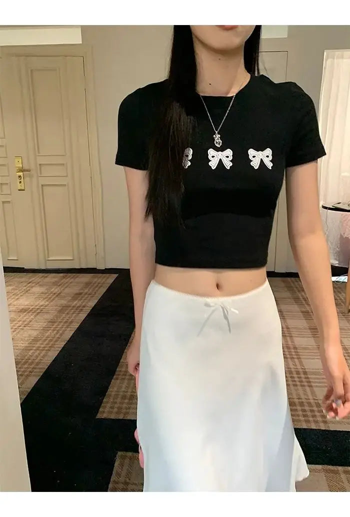 Deeptown white satin skirt for women, mid-length A-line casual style