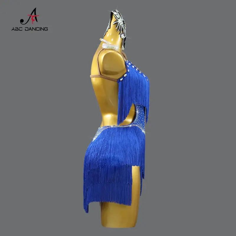 LumaDance Latin Performance Dance Dress For Women Flexible Nylon Elastane Knit With Fringe Skirt Blue