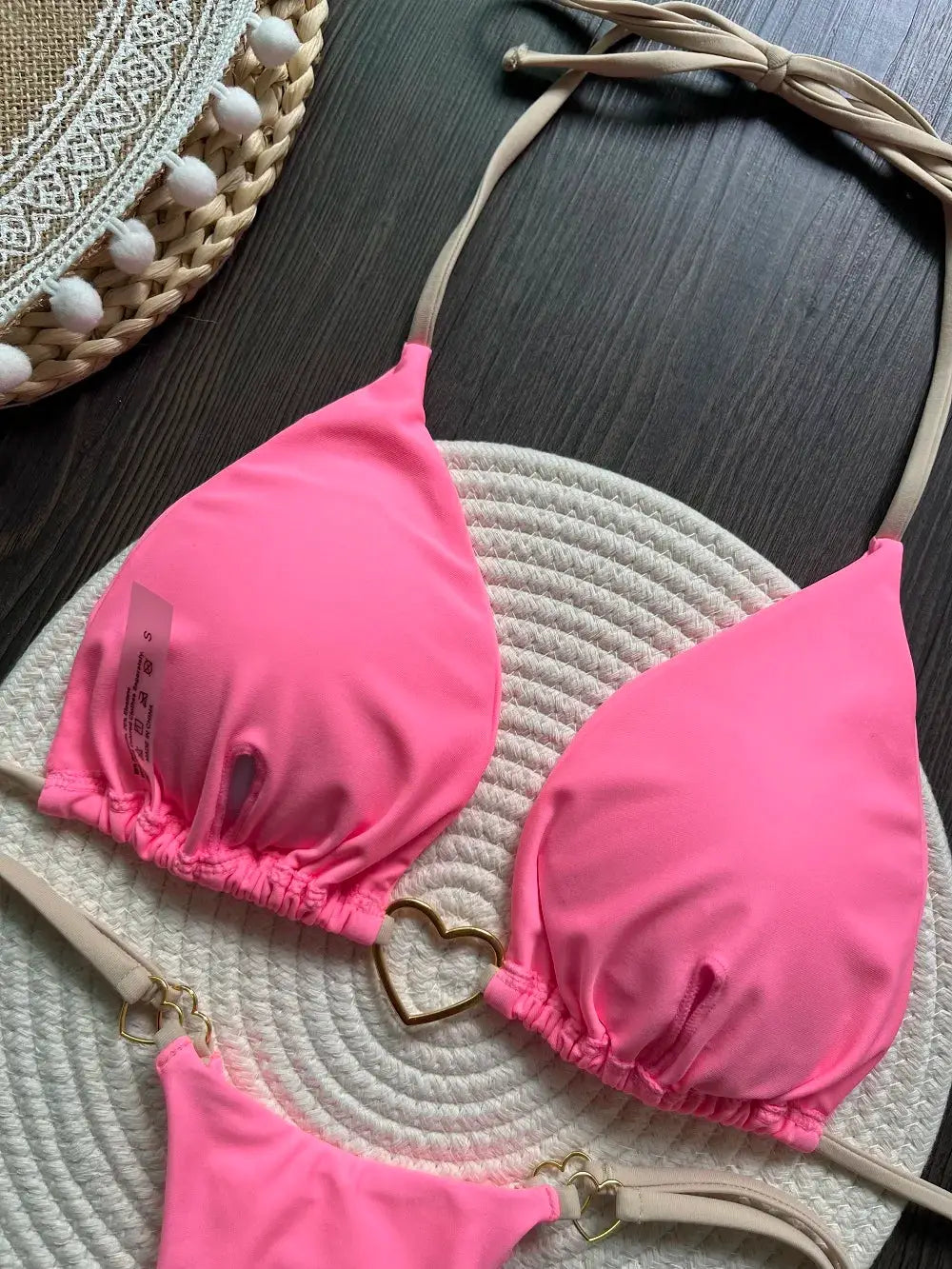 RUOTONSEPT pink halter bikini set with triangle cups and heart ring hardware, two-piece swimwear