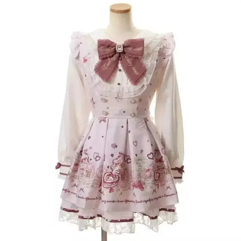 Japanese Gothic Lolita Dress Set Women Harajuku Y2K Bow Lace Ruffles