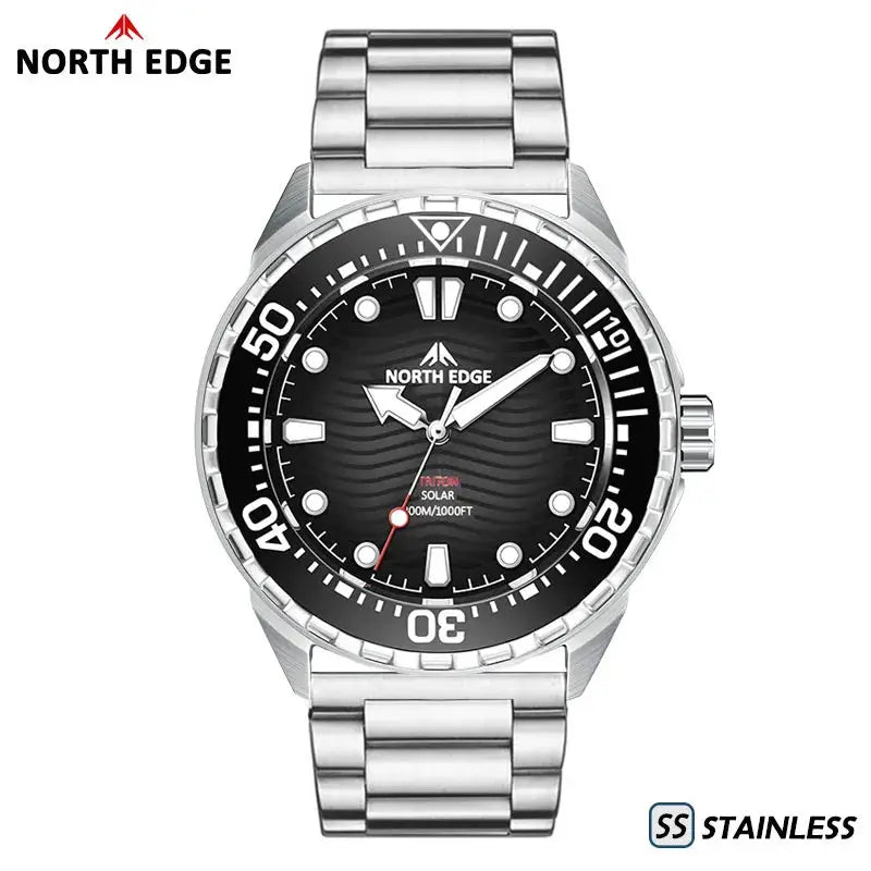 North Edge Triton-TI diving watch with stainless steel bracelet, black bezel, 300m water resistance