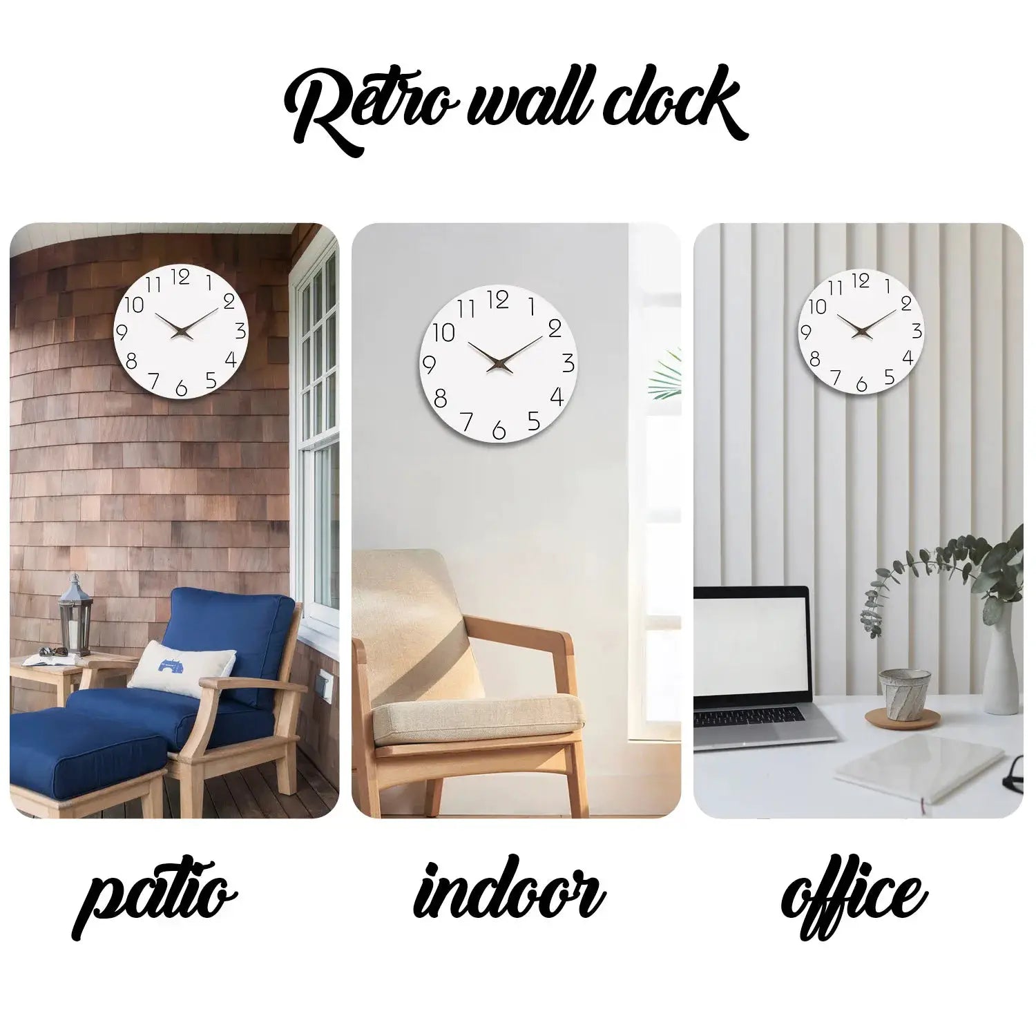 White wooden wall clock by Simples Market, round with black numerals; silent quartz, modern retro decor for home.