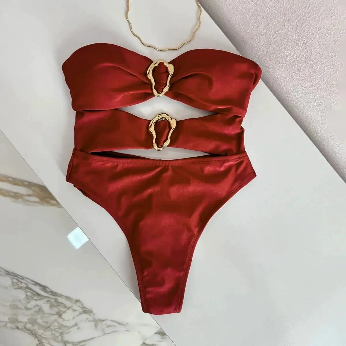3 Colors Sexy Metal Rings Cut Out Women Neoprene Swimwear One Piece Bandeau High Leg Bathing Suit