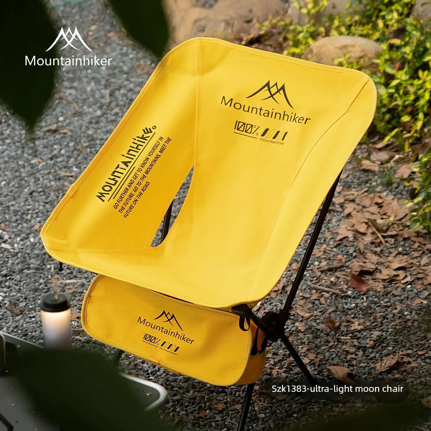 Foldable camping Moon chair in yellow, ultralight, with Mountainhiker logo
