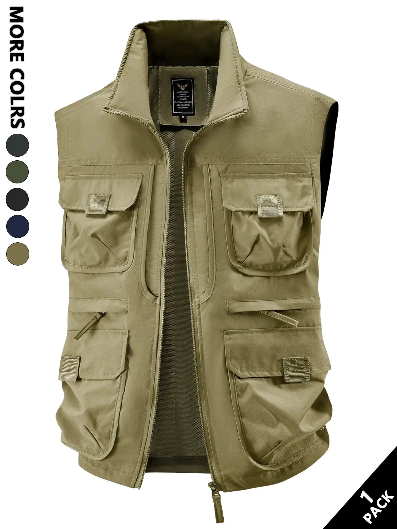 Simples Market men's khaki windproof work vest with multiple cargo pockets and front zipper
