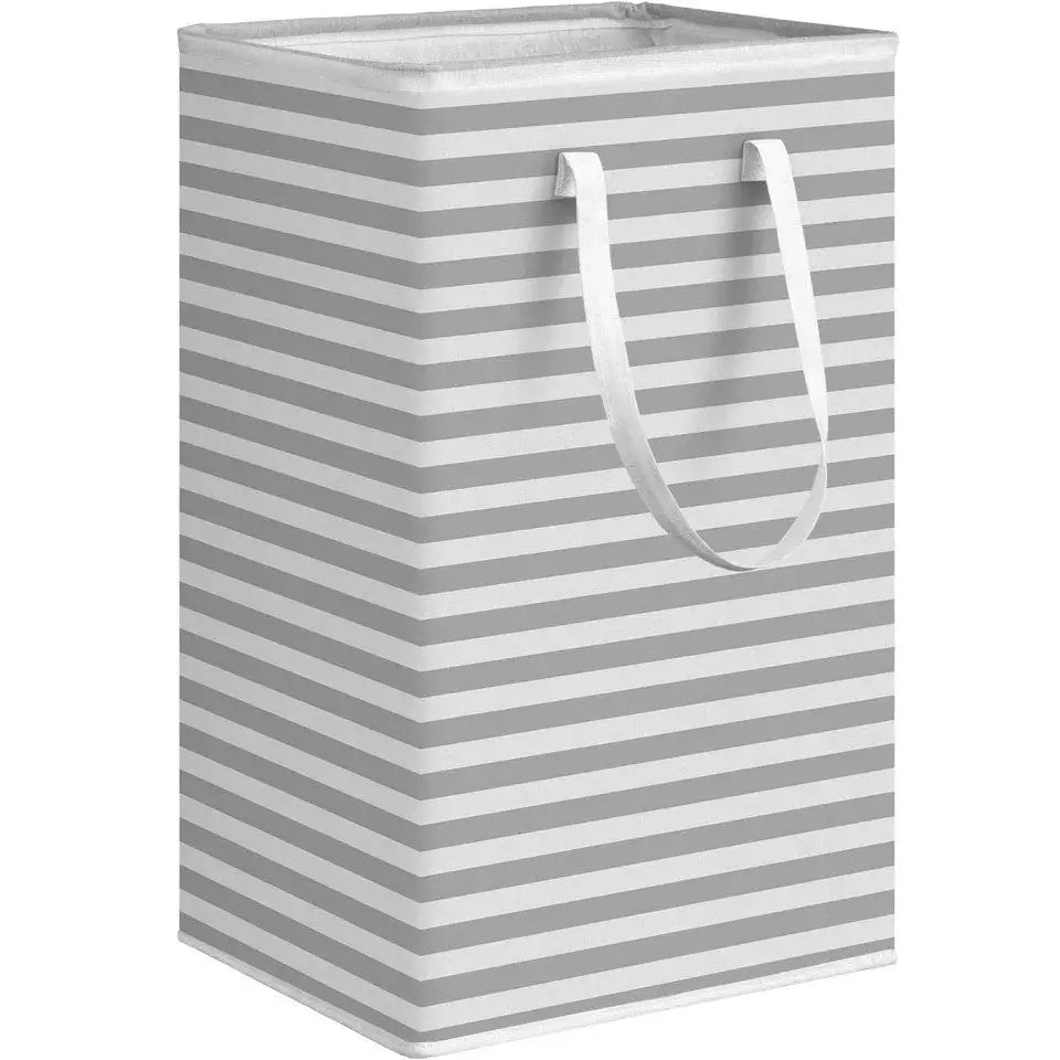 Laundry basket by Simples Market, waterproof fabric with grey stripes, large capacity, foldable with white handles