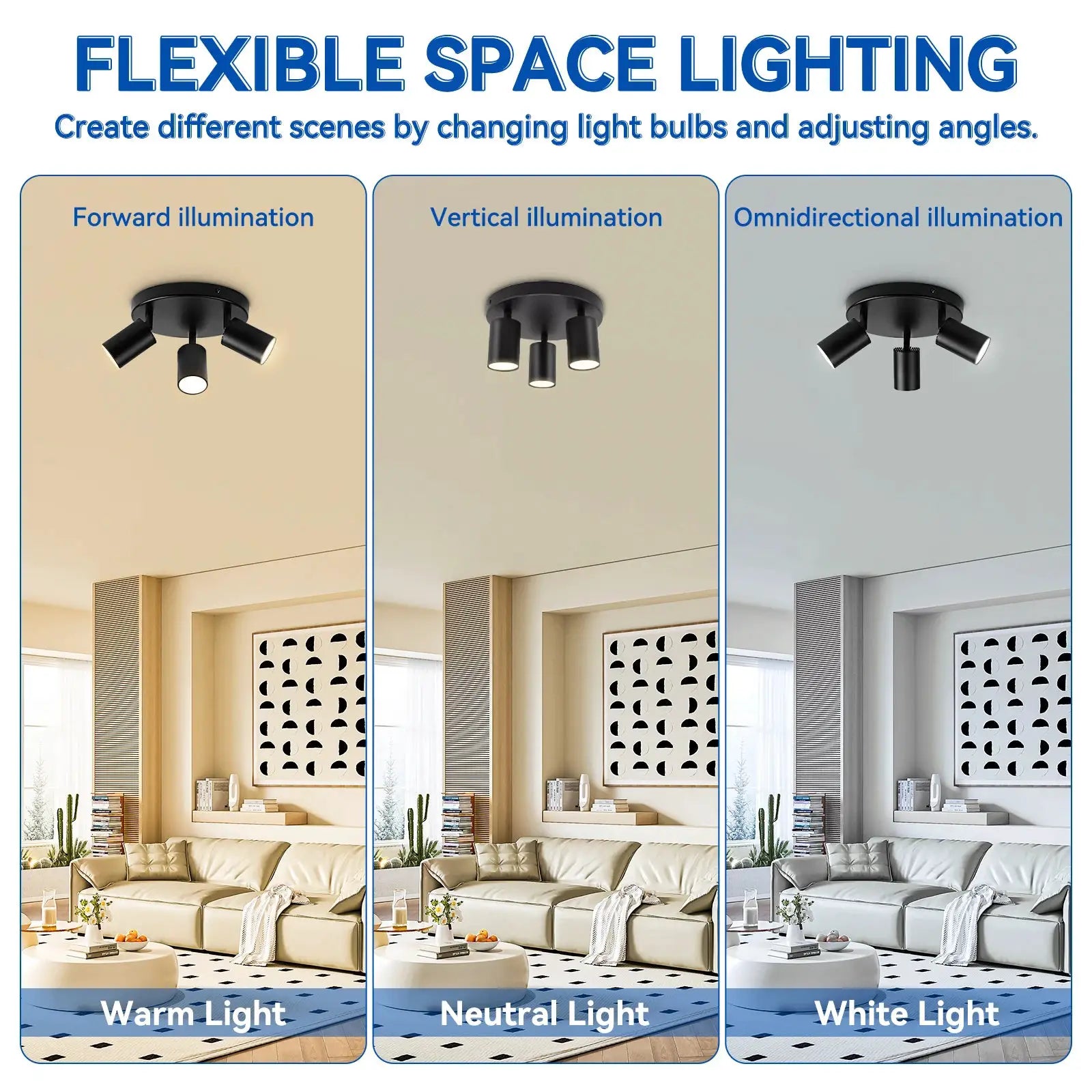 Modern GU10 LED spotlight ceiling light with 3 adjustable heads, black finish for kitchen/dining