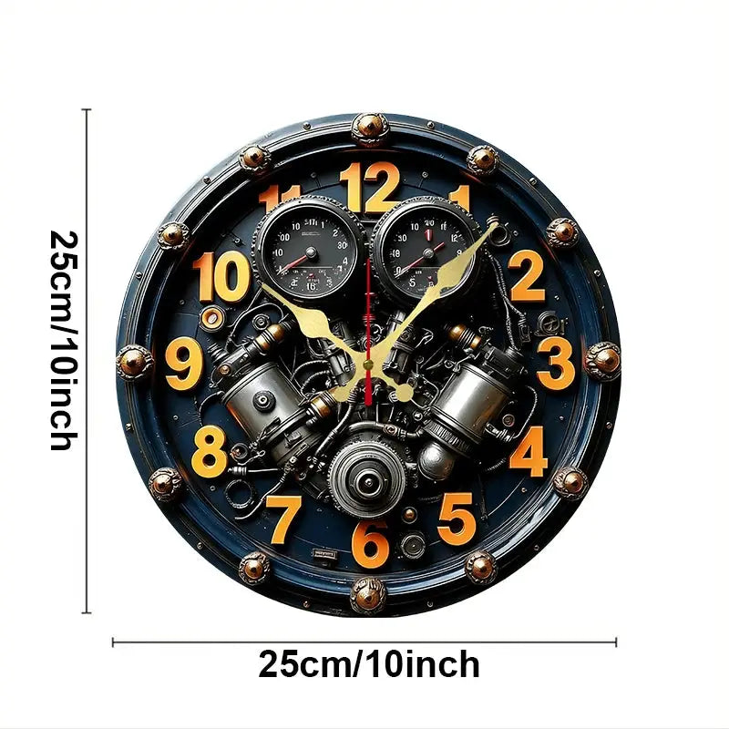 Simples Market engine-inspired wooden round wall clock with orange numerals, silent hanging design, 25cm.