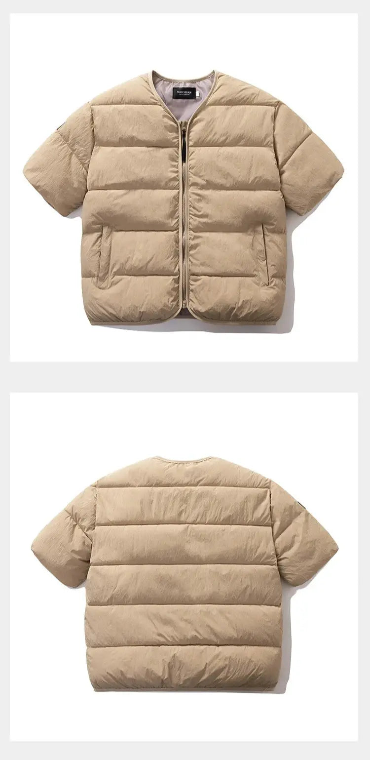 Beige Simples Market half-sleeve puffer vest with zip front and side pockets