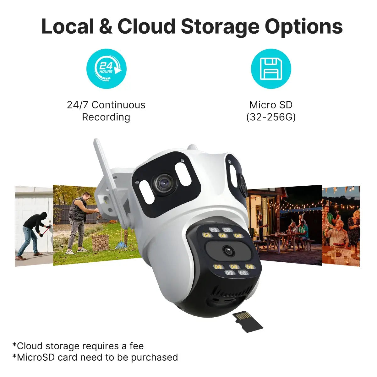 White three-lens PTZ outdoor IP security camera with WiFi, auto-tracking and microSD support