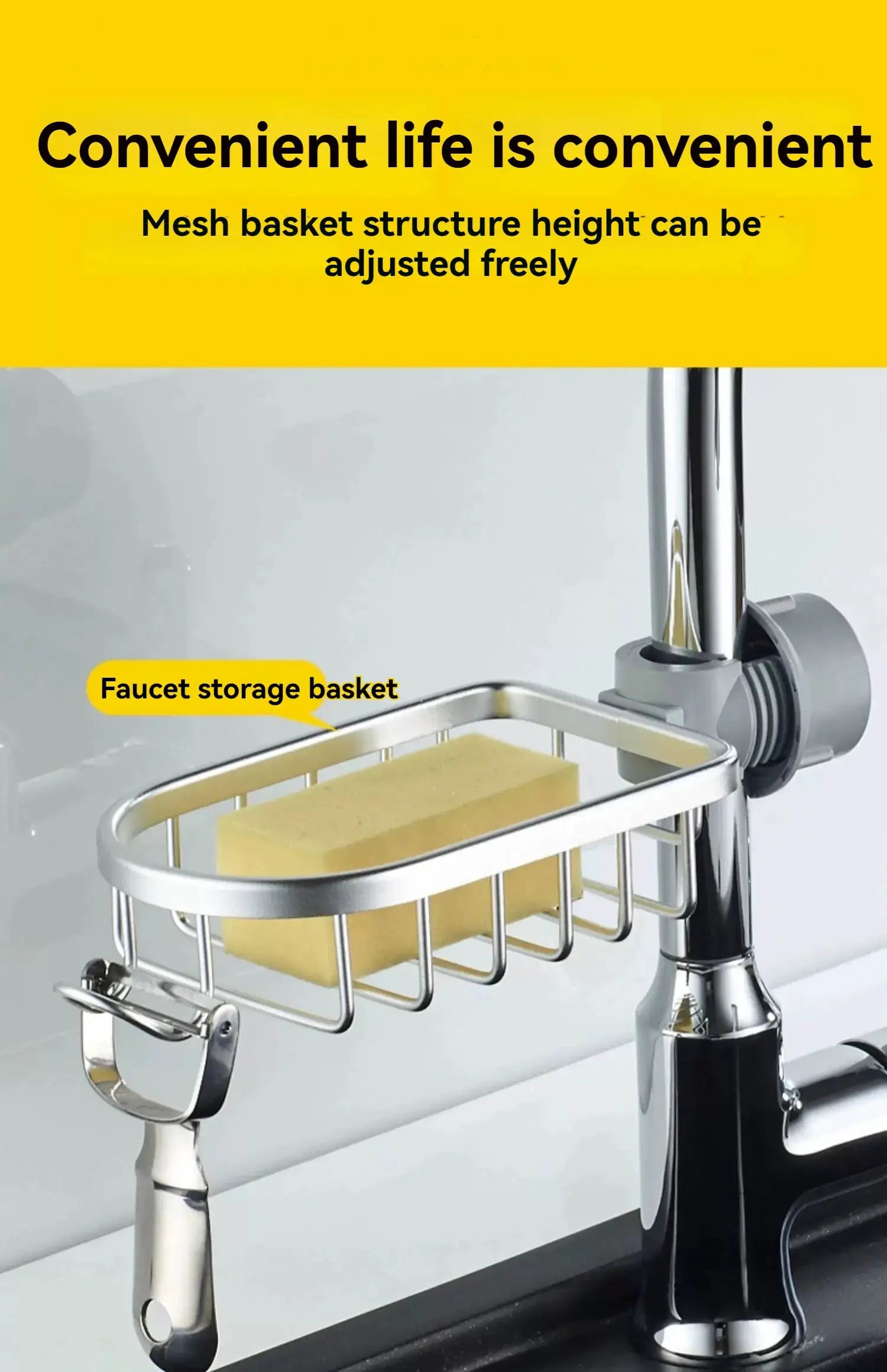 Simples Market aluminum shower rack with faucet-mounted wire basket for bathroom