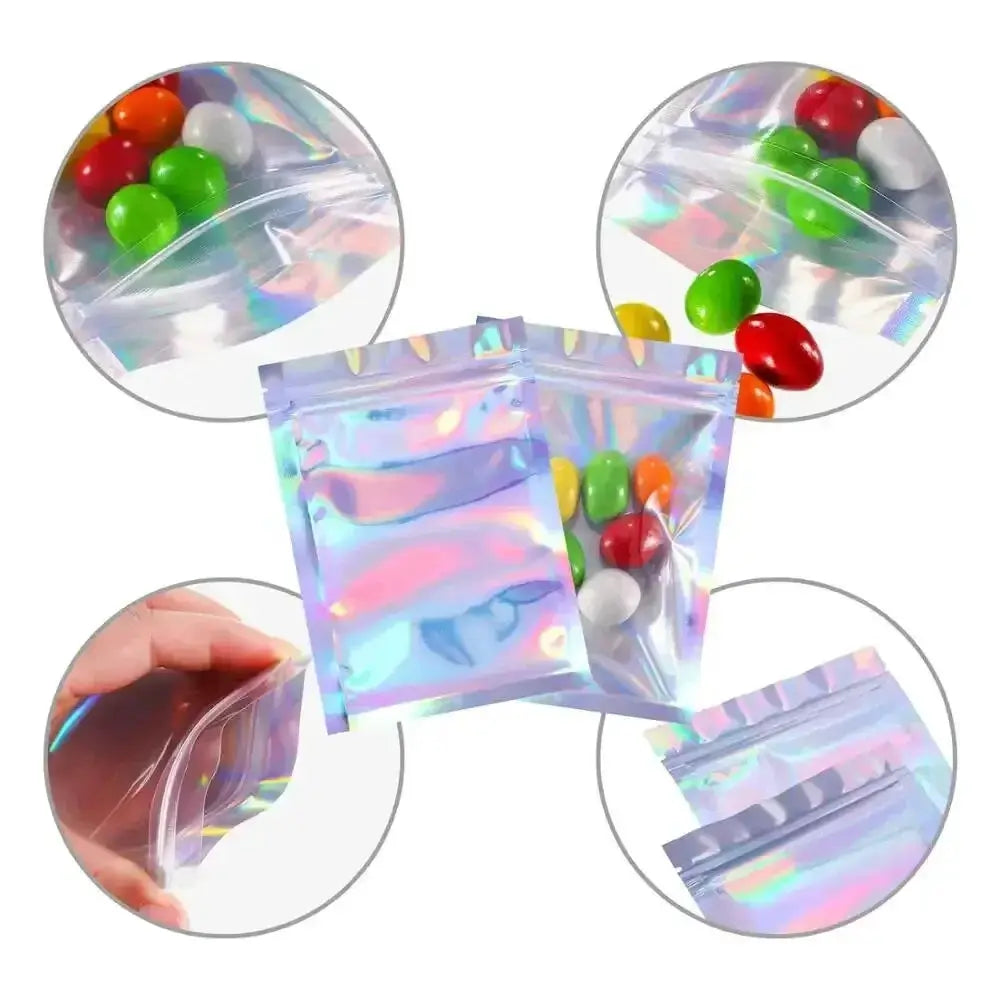 100 Pcs Holographic Bags Rainbow Pattern Self Sealing Candy Bags Front Window Sample Bag For Jewelry Gift Packaging