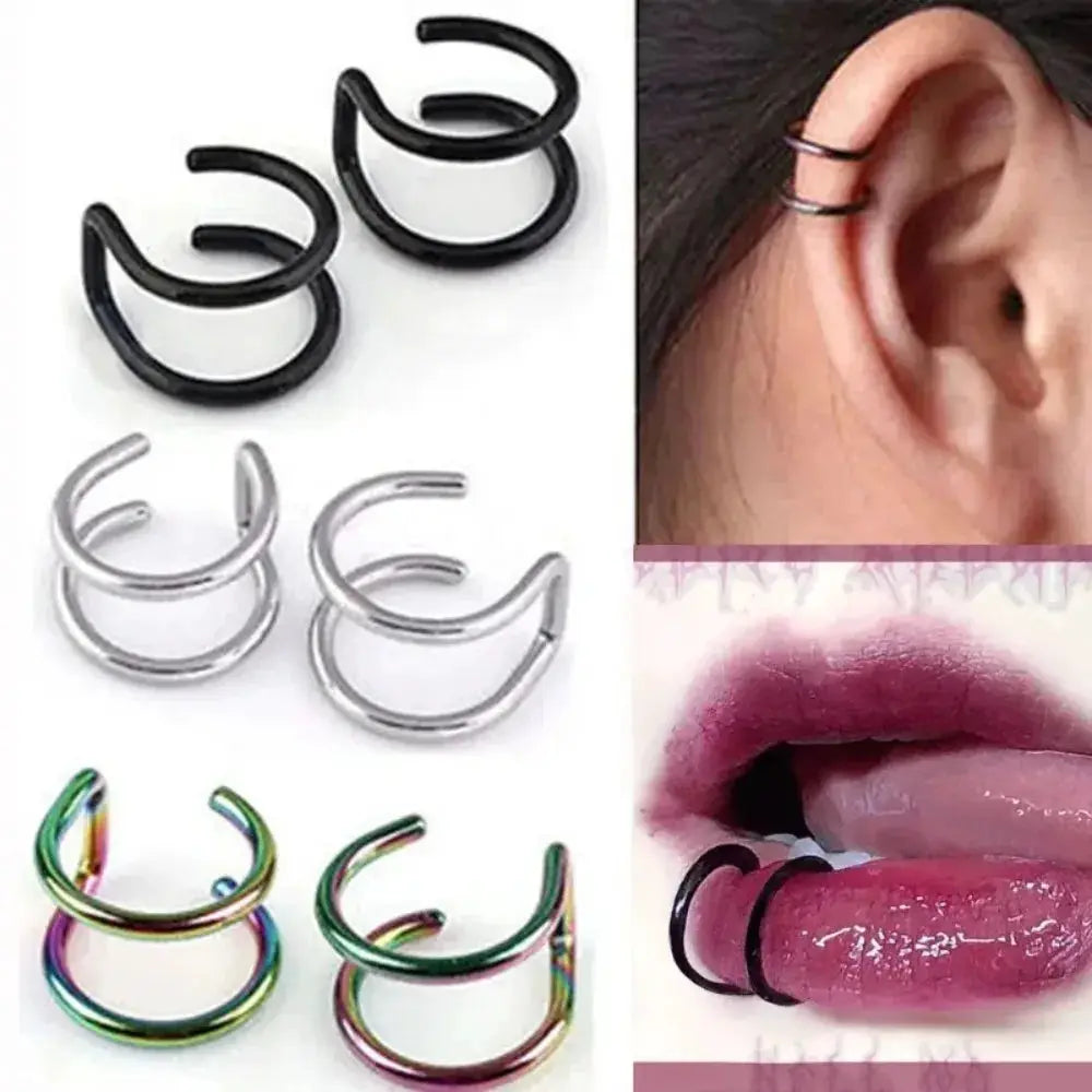 2Pcs 316L Stainless Steel Fake Ear Piercing Jewelry Clip On Ear Cuffs Non Piercing Lip Ring Labret Rings For Women