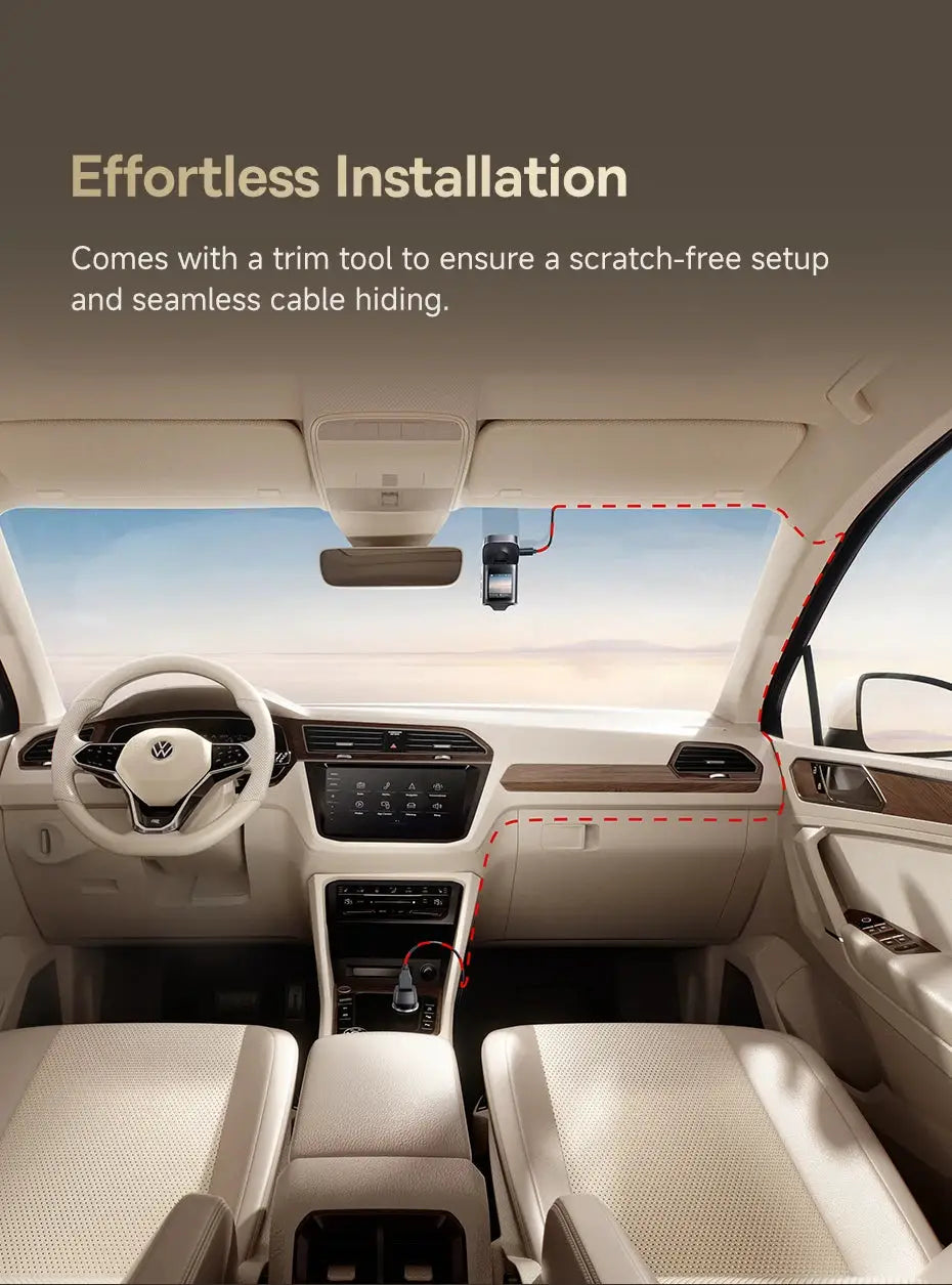 Baseus VD1 Pro dash cam, black, mounted on windshield with clean cable routing in a beige car interior