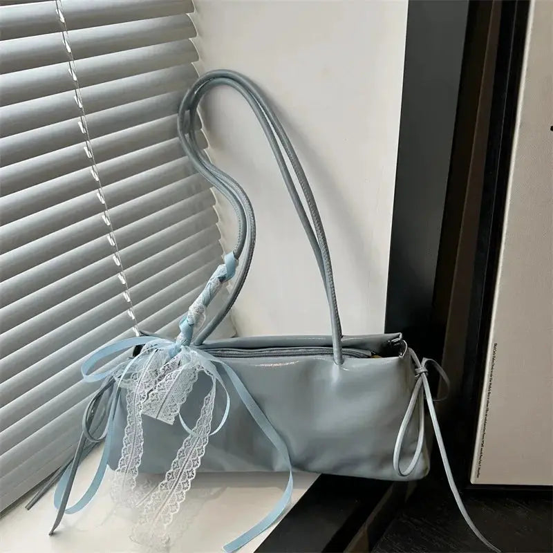 Square blue gray PU leather shoulder bag with lace bow decoration