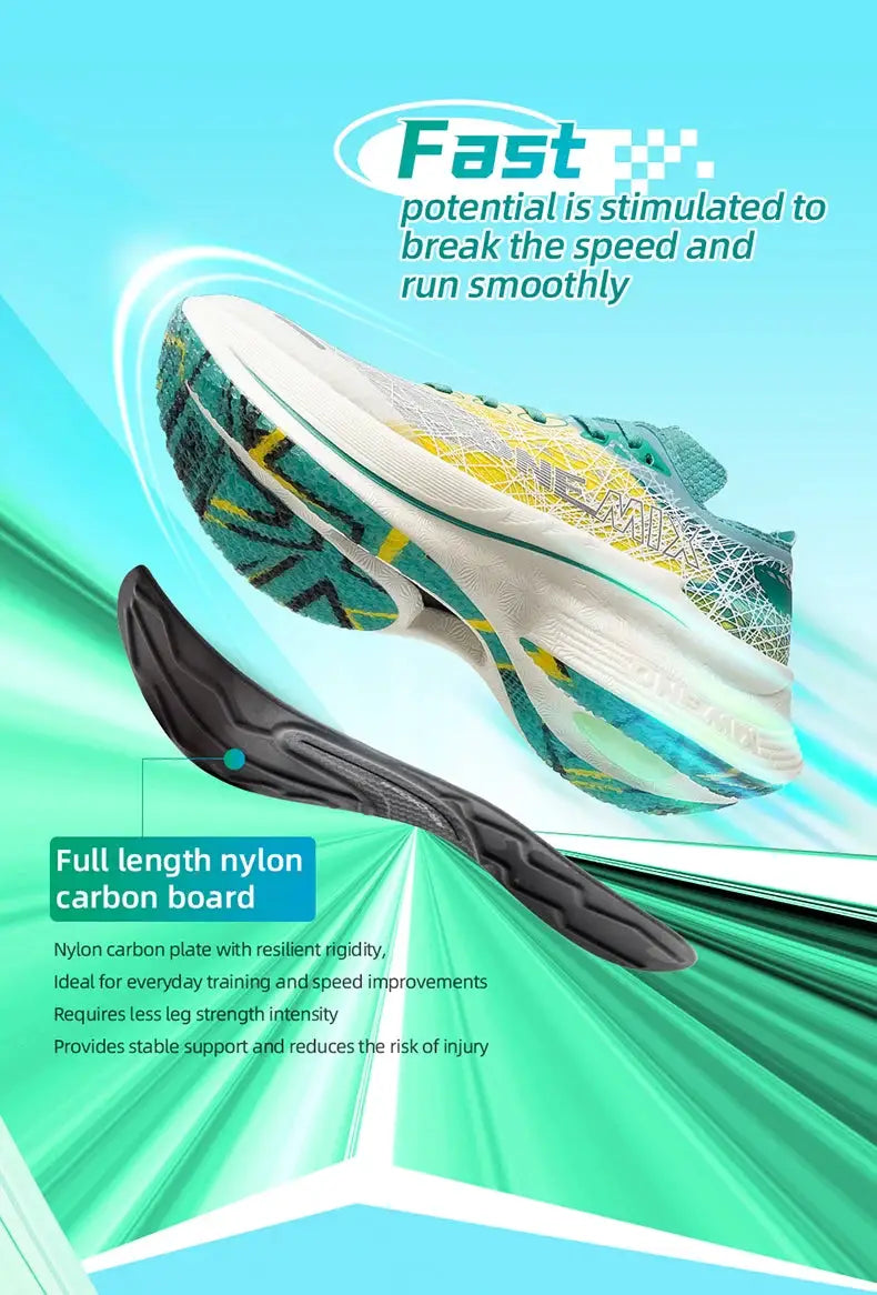 ONEMIX Marathon carbon plate running shoe by Simples Market, teal and white with full-length nylon carbon board