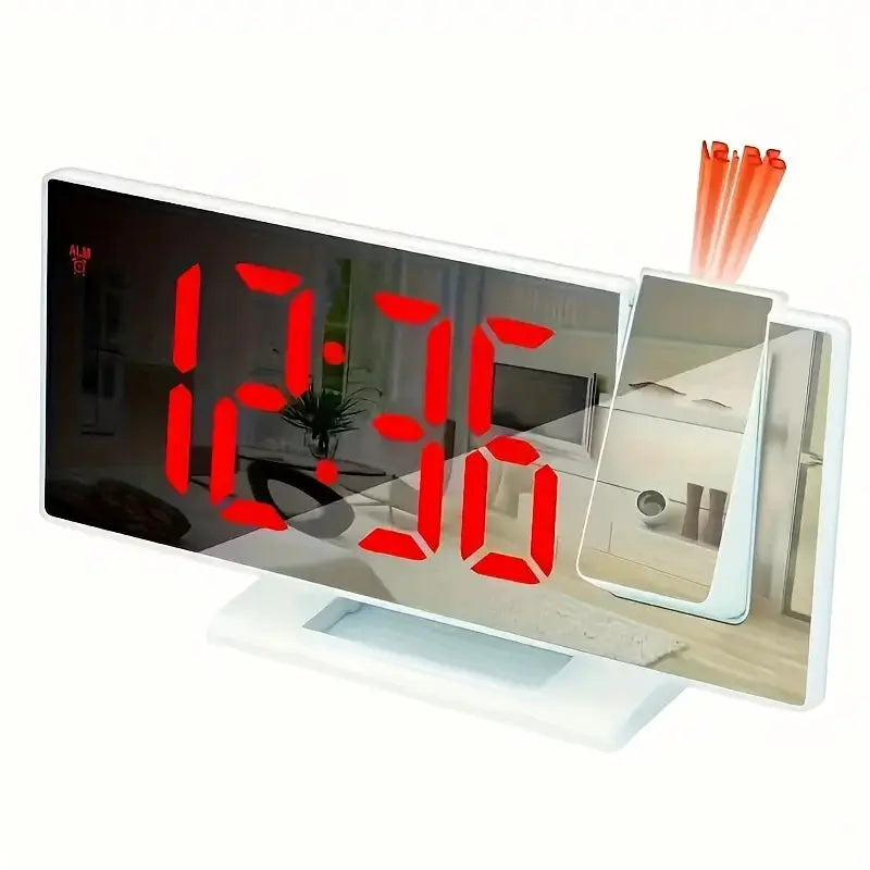 Simples Market projection alarm clock with large mirrored display and red LED digits, 180-degree ceiling projection