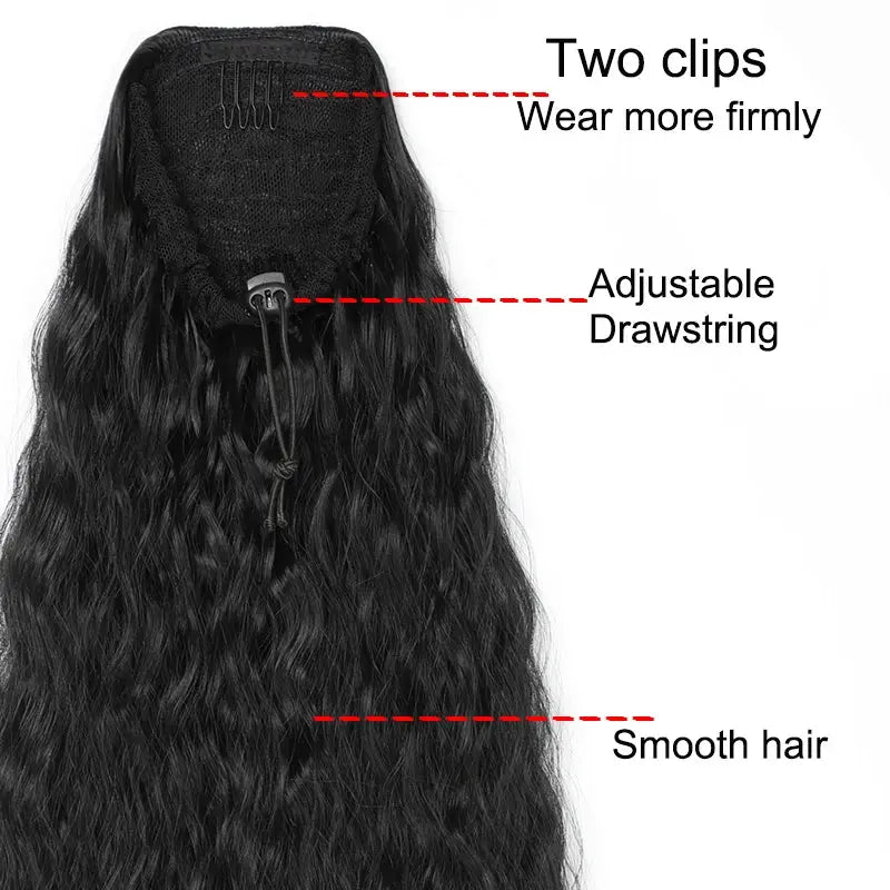 22 Inch Synthetic Kinky Curly Ponytail Hair Extension Drawstring Clip In Black For Women