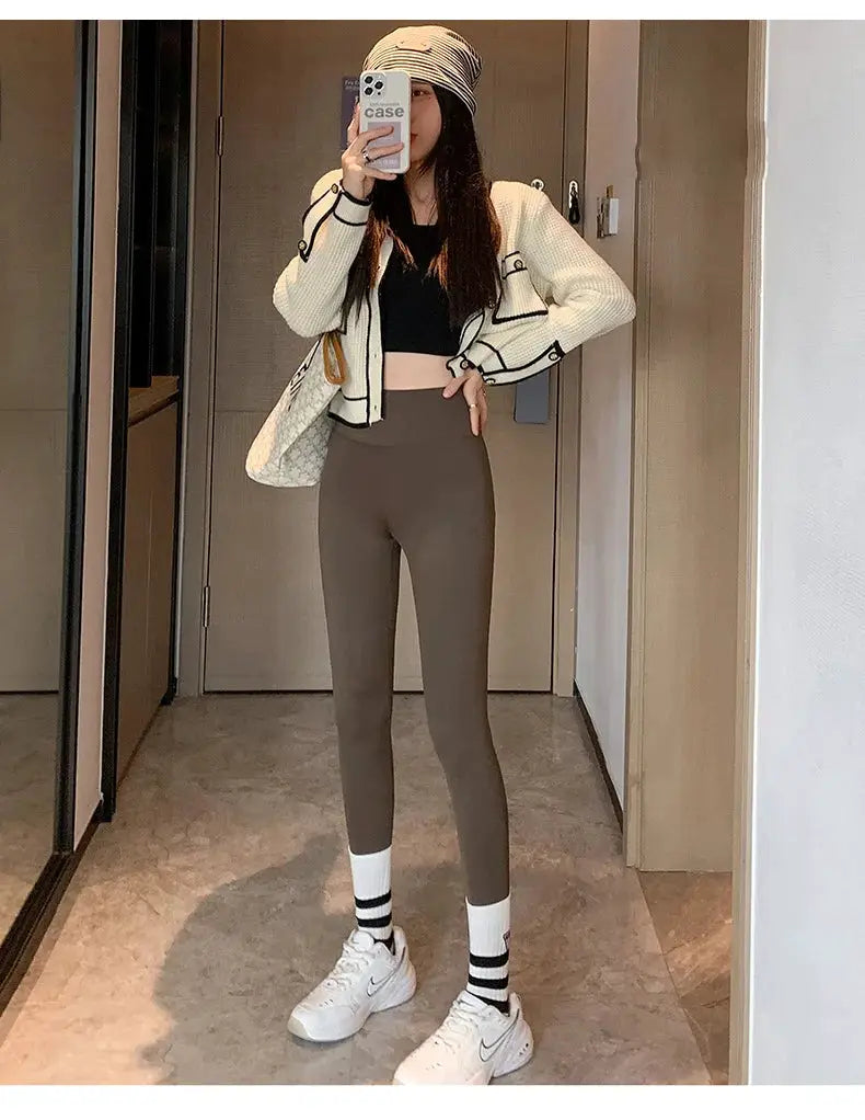 BIVIGAOS fall/winter brushed shark leggings for women, high-waist taupe seamless stretch for fitness