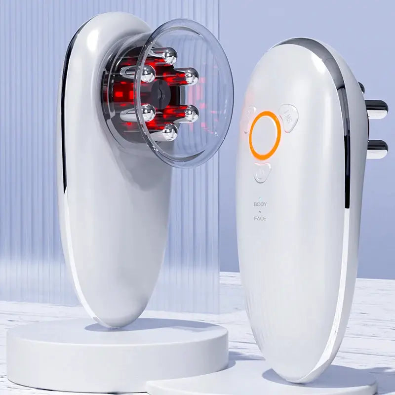 Face and Body Sculpting Massager by Simples Market, white handheld device with orange ring and red-LED roller head.