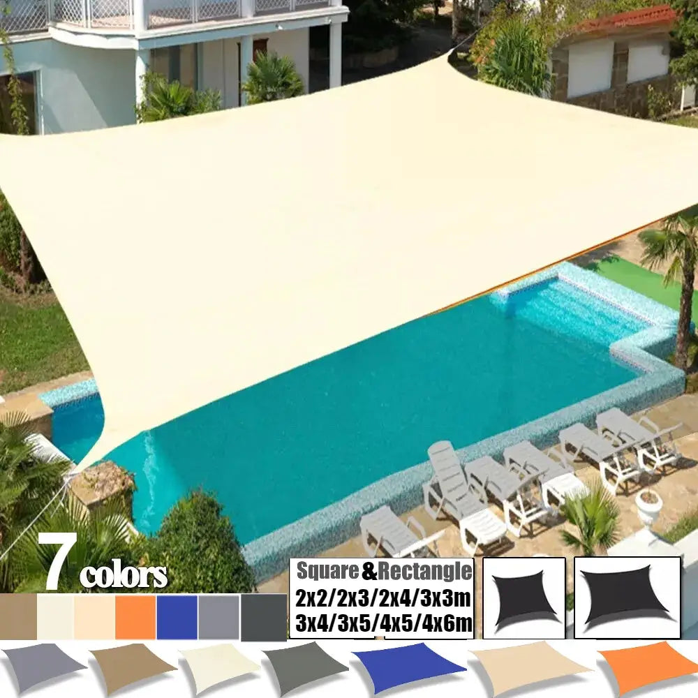 Sun shade sail waterproof outdoor canopy over pool; beige square/rectangle shade with 7 color options