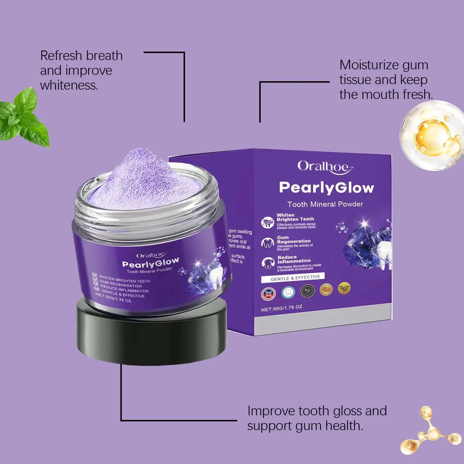 PearlyGlow Tooth Mineral Powder jar and purple packaging with mint leaves.