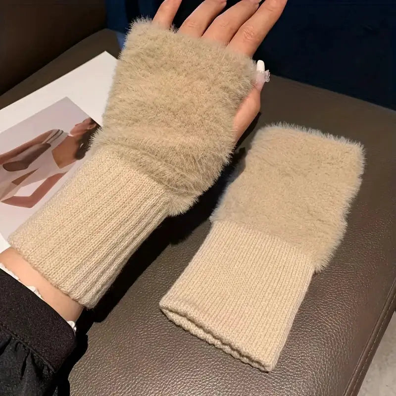 Autumn Winter Soft Mink Fleece Half Finger Gloves for Women Plush Fingerless Wrist Mittens for Driving and Writing