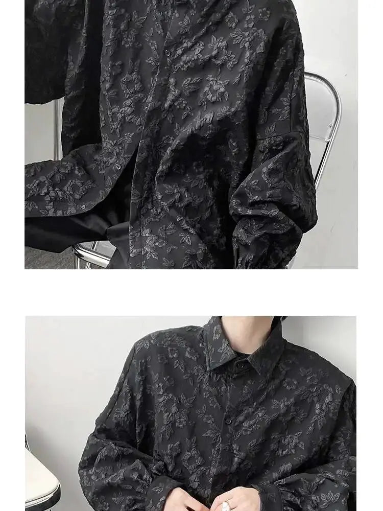 Simples Market 2XL black crumpled jacquard shirt with bat-wing sleeves and turn-down collar