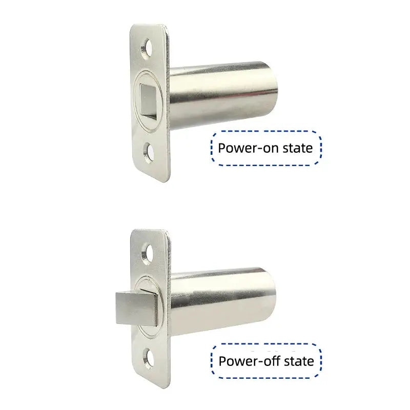 Simples Market DC12V/24V embedded stainless steel electric bolt lock; two views show power-on and power-off states.