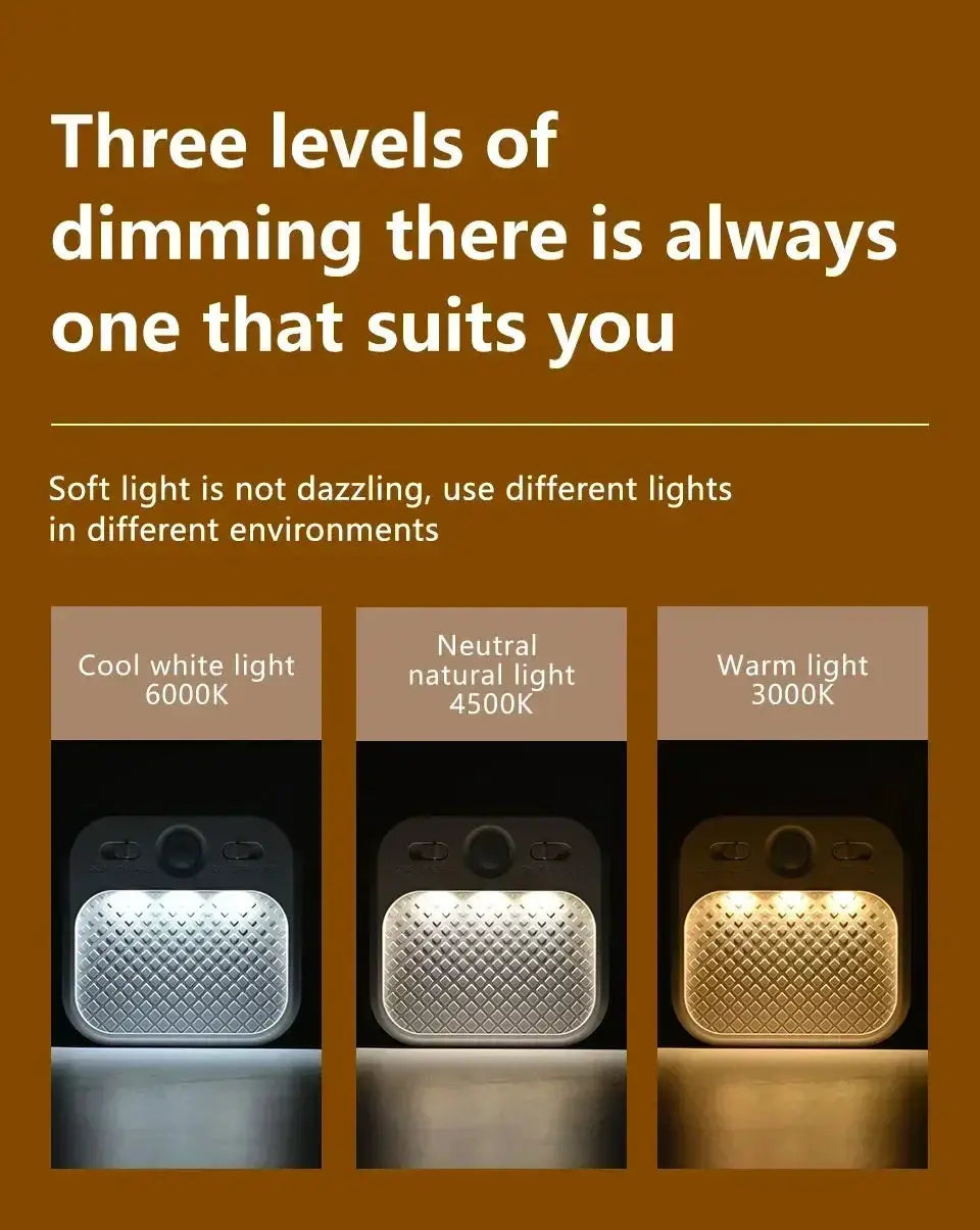 Simples Market motion sensor LED night light; rechargeable, stick-on magnet, 3-pack in cool, neutral, and warm white.