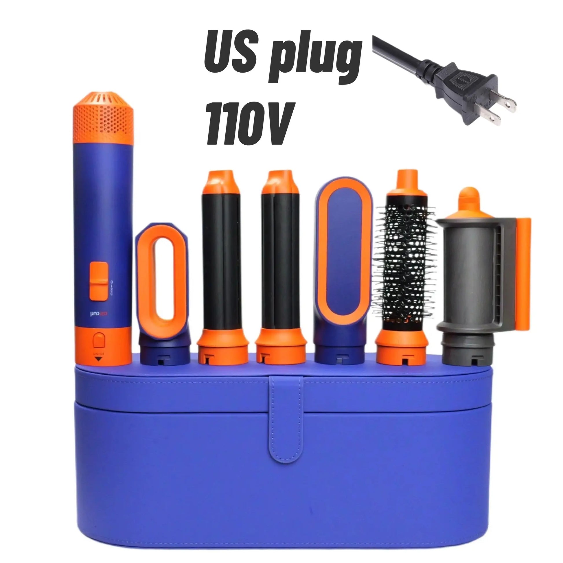 6-in-1 hair styler with curling barrels and diffuser in blue-orange case