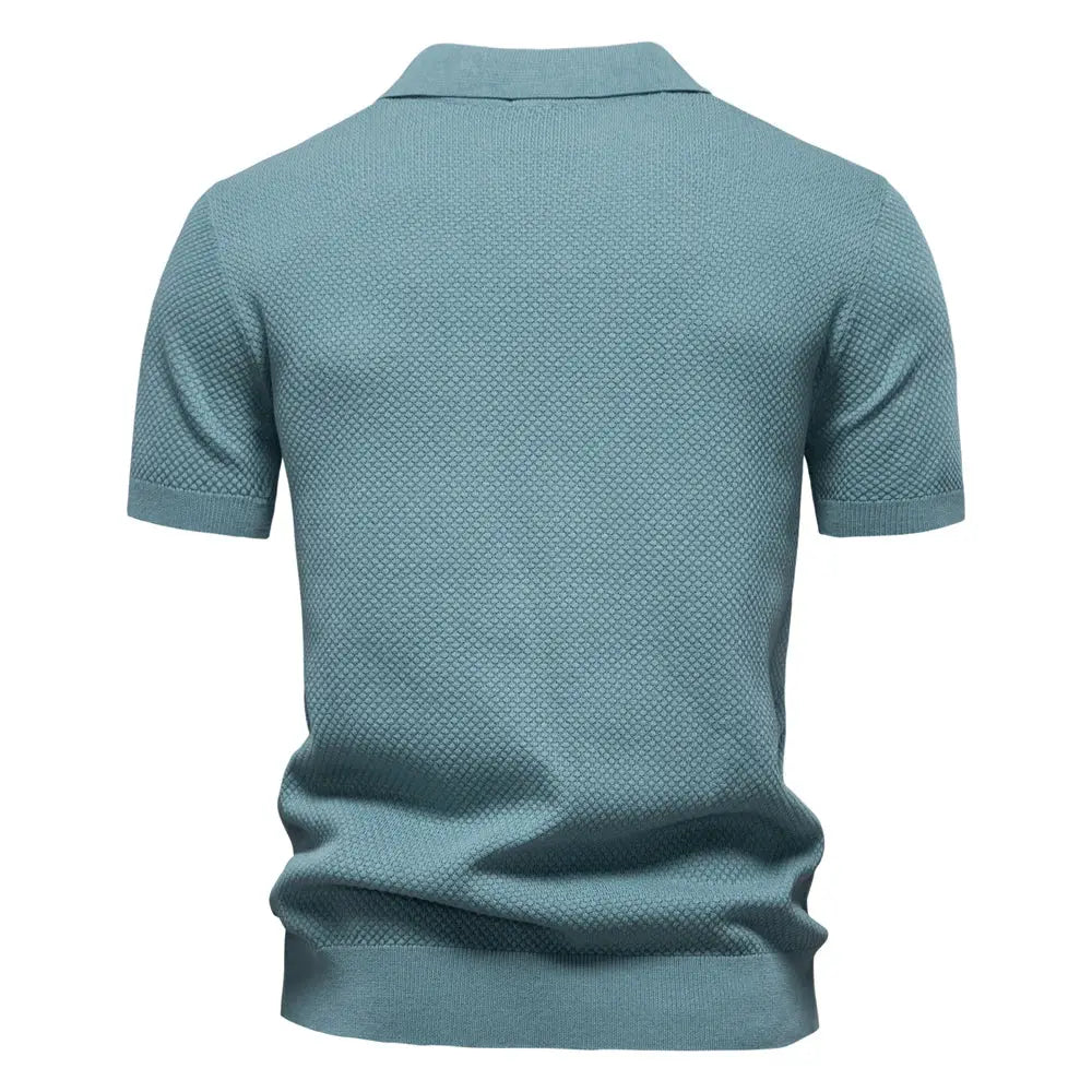 Simples Market men's teal textured golf polo shirt with short sleeves and collar, breathable fabric.