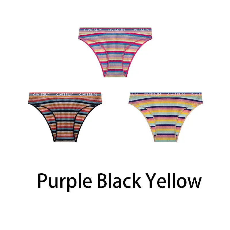 3-piece women's cotton panties set in purple, black and yellow rainbow stripes by Simples Market NK606