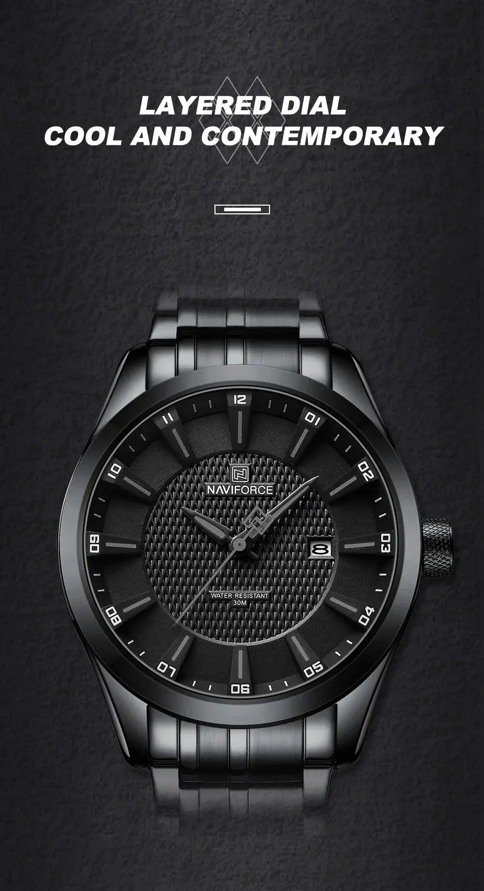 Naviforce men's black stainless steel watch with date window and 30m water resistance
