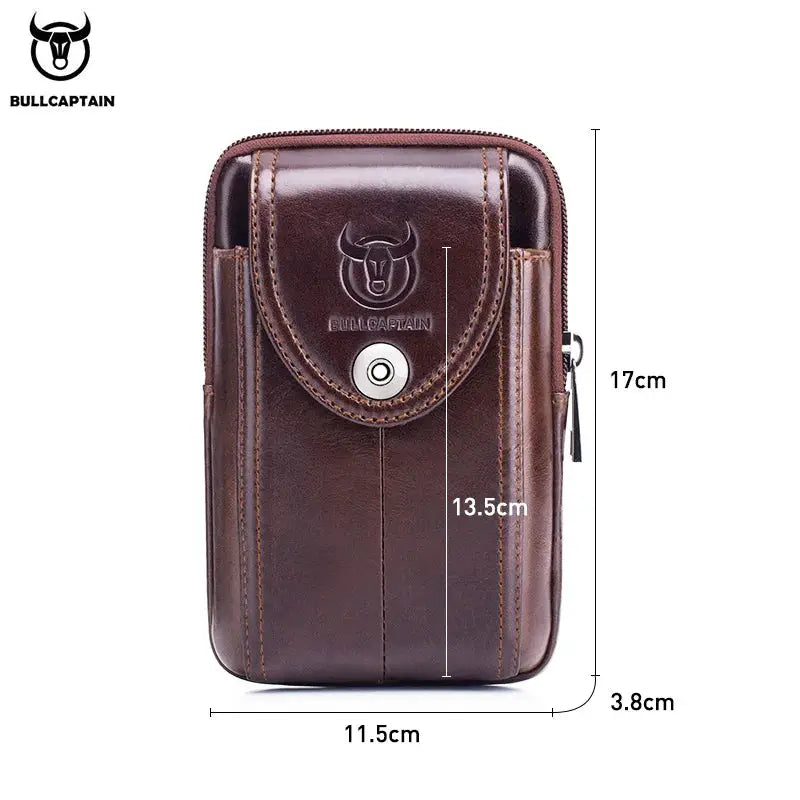 BullCaptain men's brown leather belt waist bag; compact fanny pack for money and phone.