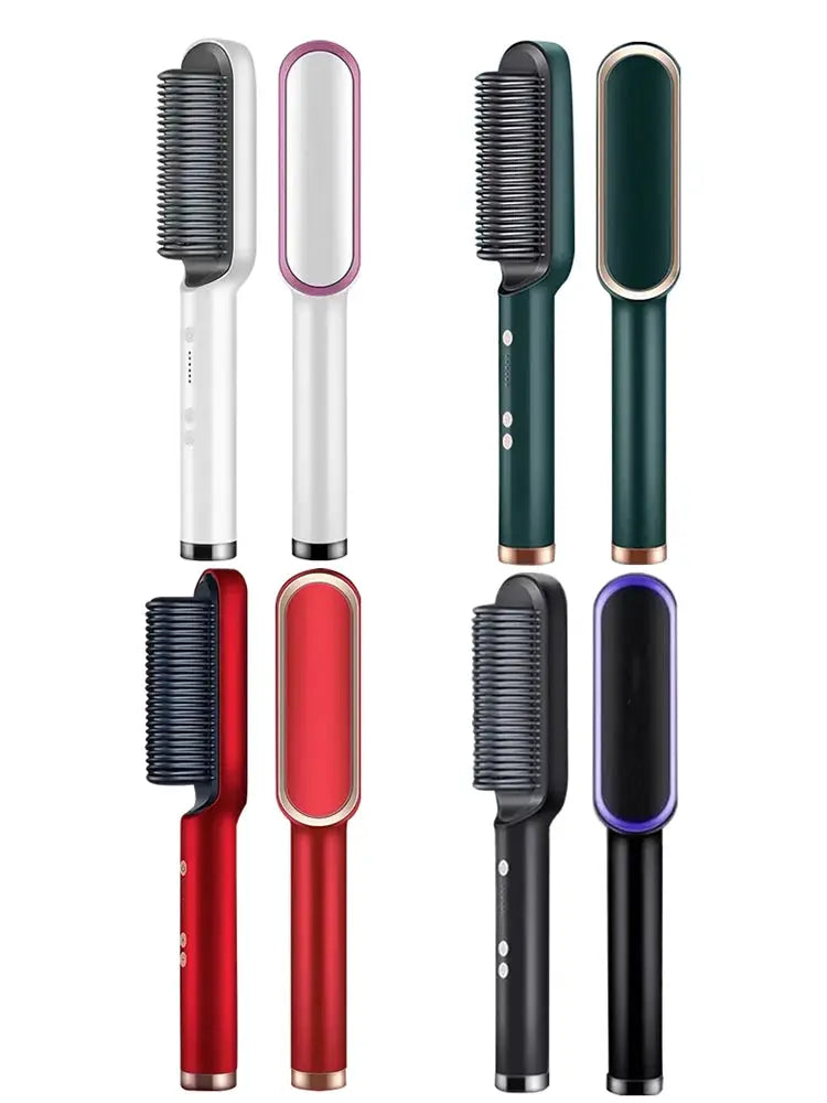 Hair straightener comb set, 8-piece, in white, green, red and black with metallic trim.