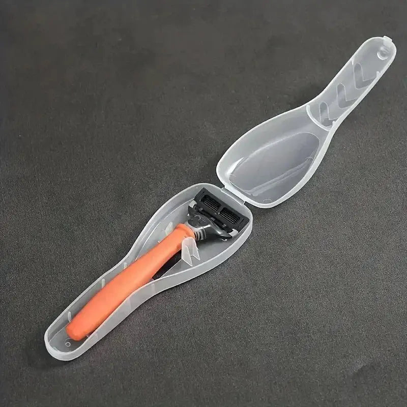 Simples Market portable travel manual razor with orange handle in a clear plastic protective case