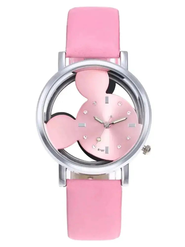 Pink children's cartoon watch with pink strap, silver case, and rhinestone markers on the dial.