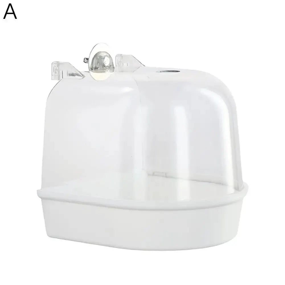 Hanging bird bath cube for small birds with clear dome and white base, cage accessory