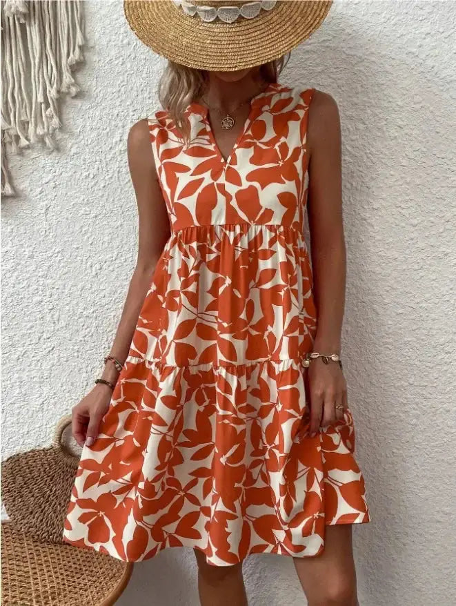 Women Boho Print Mini Dress Sleeveless V Neck Ruffle Beach Sundress