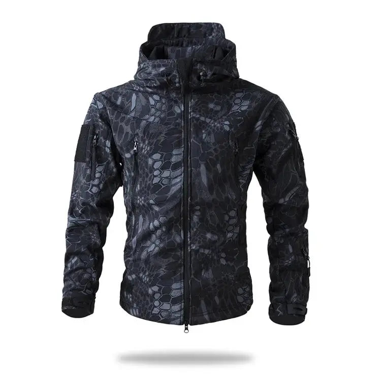 Lurker Shark Skin Soft Shell Tactical Jacket for men, black camouflage waterproof hooded coat by Simples Market