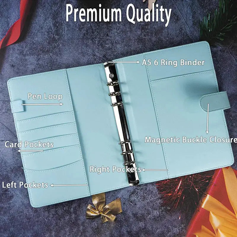 Simples Market A5 6-ring light blue PU leather binder with card pockets, pen loop, and magnetic buckle closure