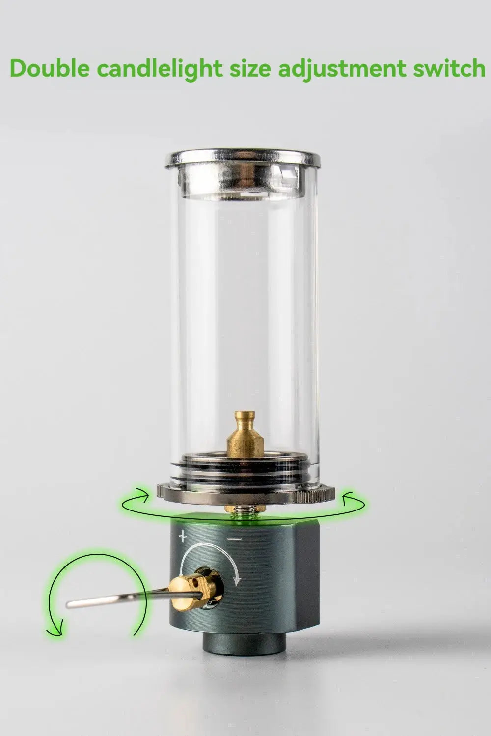Simples Market BRS-55 Dreamlike Candlelight Lamp windproof gas burner stove with glass chimney and green base.
