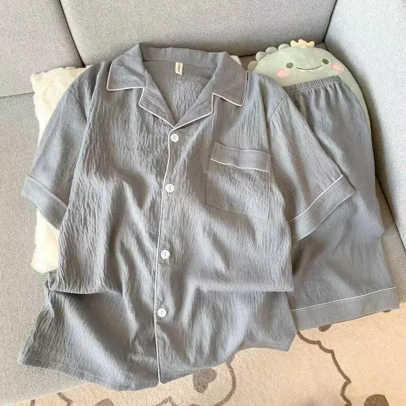 Youth Men's Slim Fit New Pajama Set Solid Color Short Sleeve Lapel Top and Elastic Shorts Pajamas Summer Loungewear Sleepwear